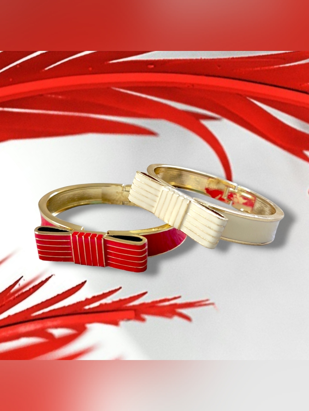 Stylish Gold Tone Red & Cream Enamel Bow Cuff Bracelet Bundle (2pc)